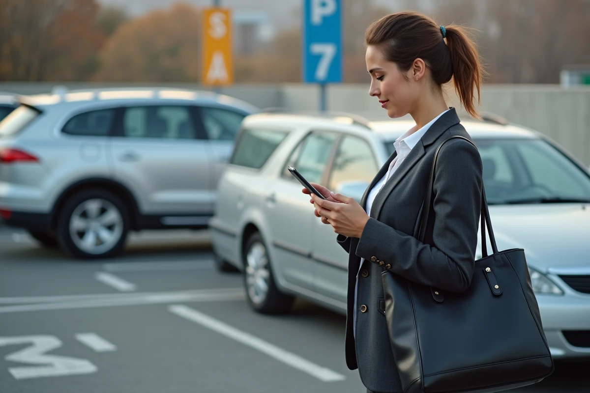 Femme professionnelle à son emplacement de stationnement abonné près de la gare de Valence consultant son téléphone