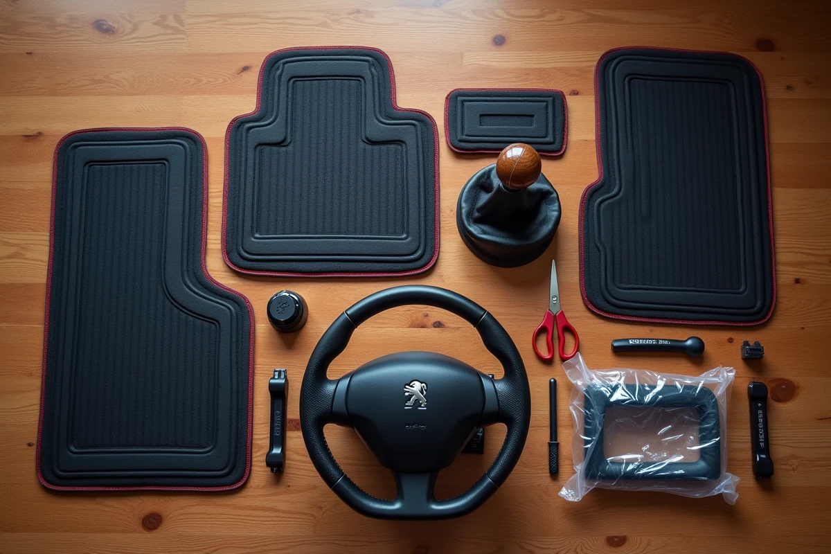 Accessoires abordables pour personnaliser l'intérieur d'une Peugeot 308 : tapis, pommeau de levier de vitesse, couvre-volant et garnitures décoratives