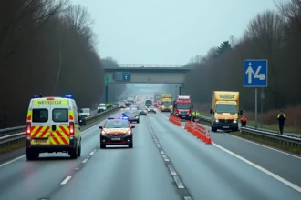 Embouteillage sur autoroute du nord après un accident avec véhicules d'urgence et cônes de signalisation