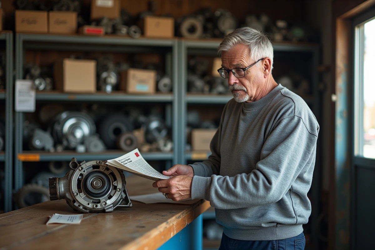 Employé d'une casse auto du 44 comparant une pièce moteur d'occasion à un catalogue de référence