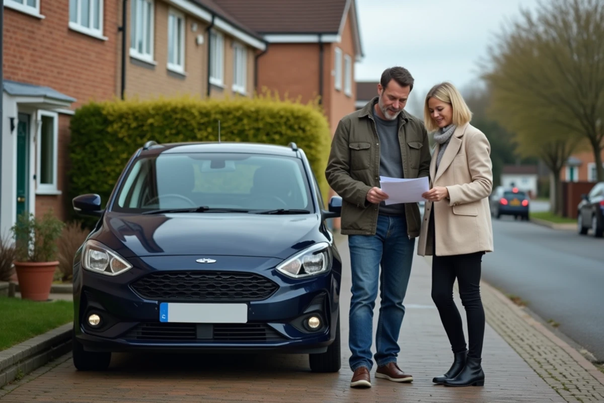 Couple vérifiant les documents d'une voiture d'occasion lors d'une transaction entre particuliers