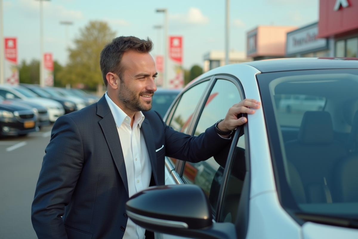 Acheteur inspectant une Peugeot 208 d