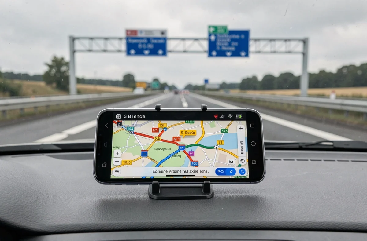 Smartphone fixé sur le tableau de bord affichant une carte GPS des autoroutes françaises avec indicateurs de péage et de trafic