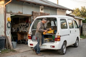 Auto-entrepreneur chargeant du matériel dans sa camionnette devant son atelier