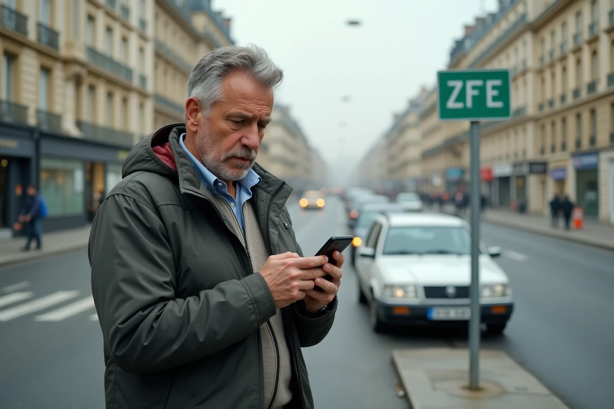 Automobiliste consulte son téléphone devant un panneau de Zone à Faibles Émissions en ville