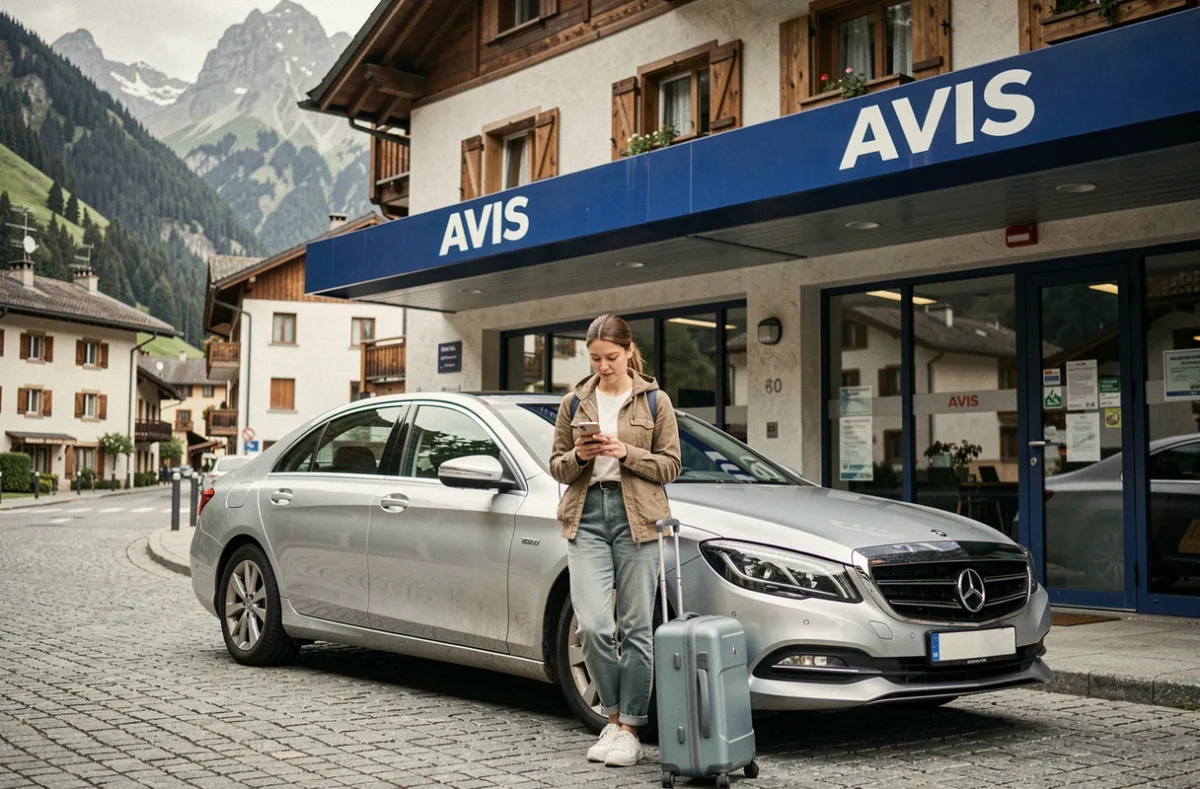 Agence Avis en ville alpine avec cliente récupérant une voiture de location