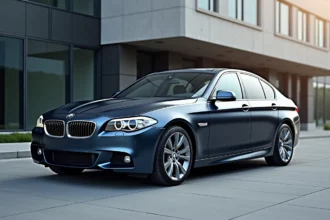 BMW Série 5 F10 bleue métallisée garée en ville, vue trois quarts avant, finition Luxury Line