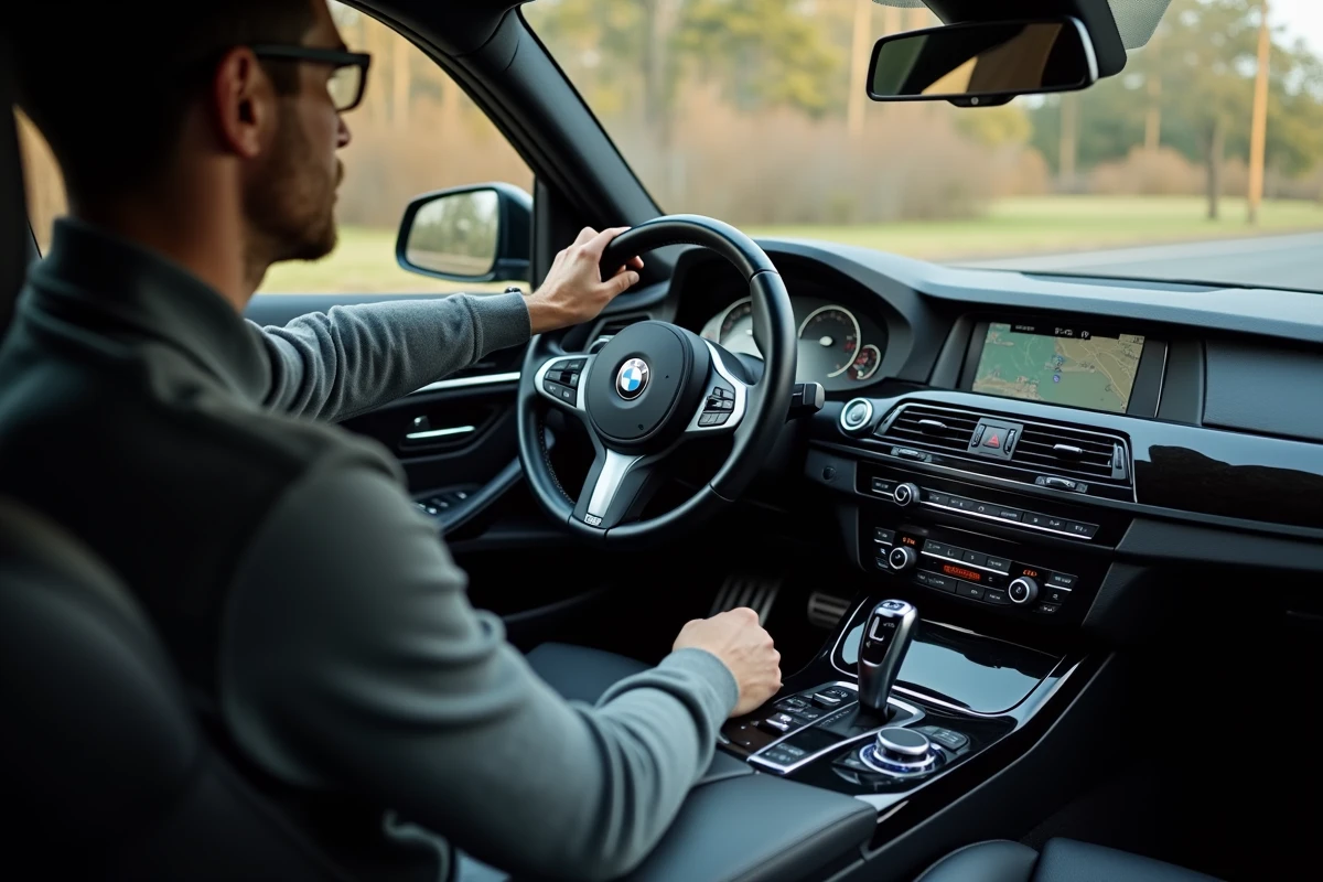 Intérieur de la BMW Série 5 F10 avec cuir Dakota noir, écran iDrive et console centrale en laque noire