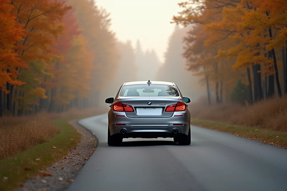 BMW Série 5 F10 argent sur route de campagne en automne, vue arrière trois quarts avec feuillage coloré