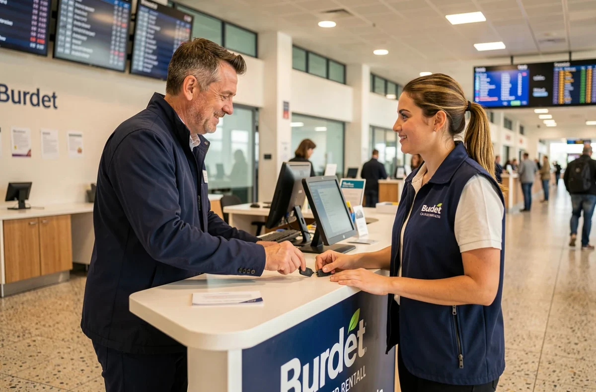 Comptoir Budget à l'aéroport avec un voyageur récupérant les clés de sa voiture de location