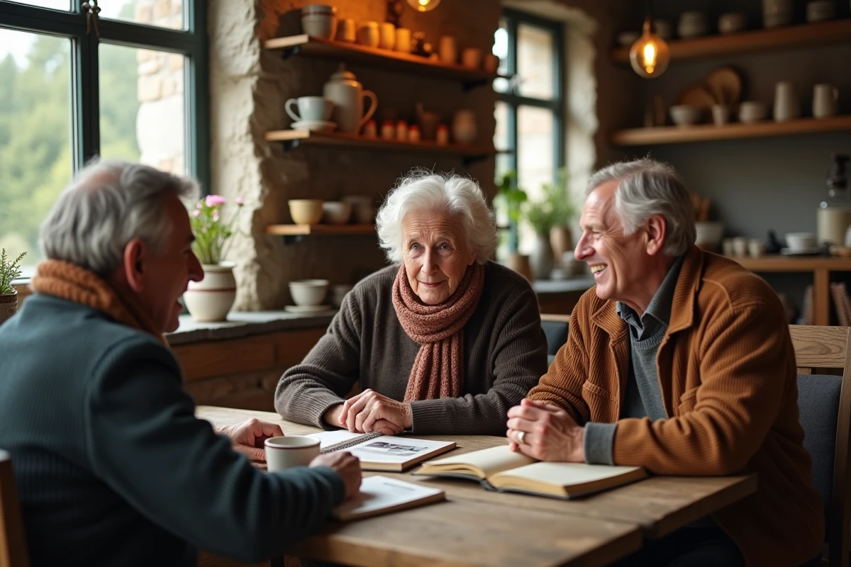 Groupe de personnes discutant dans un café de village français