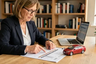 Femme consultant un devis d'assurance auto avec des documents imprimés et une voiture miniature sur un bureau en bois