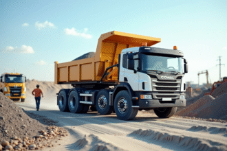 Camion benne moderne déchargeant gravier sur un chantier
