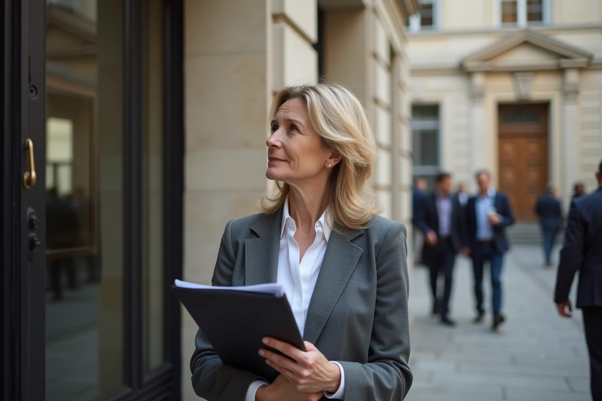 Candidate à l'équivalence VTC devant une préfecture française avec ses dossiers administratifs