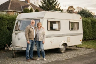 Couple de particuliers vendant une caravane d'occasion dans une allée résidentielle avec panneau à vendre