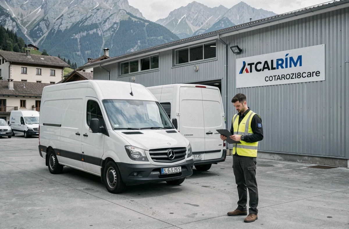 Employé de l'agence Cargo inspectant un véhicule de location dans une zone industrielle alpine