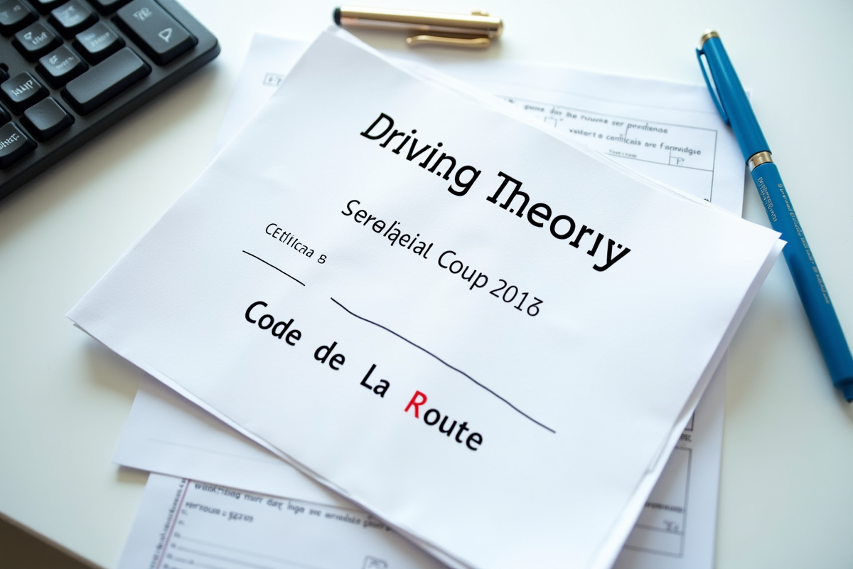 Certificat de code de la route posé sur un bureau avec matériel d