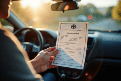 Certificat d'immatriculation voiture dans la main en intérieur lumineux