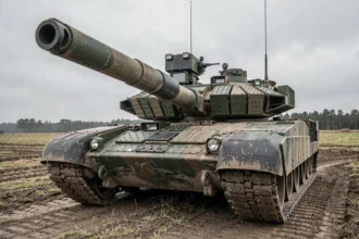 Canon principal L30A1 du Challenger 2 en gros plan sur terrain d'entraînement militaire britannique