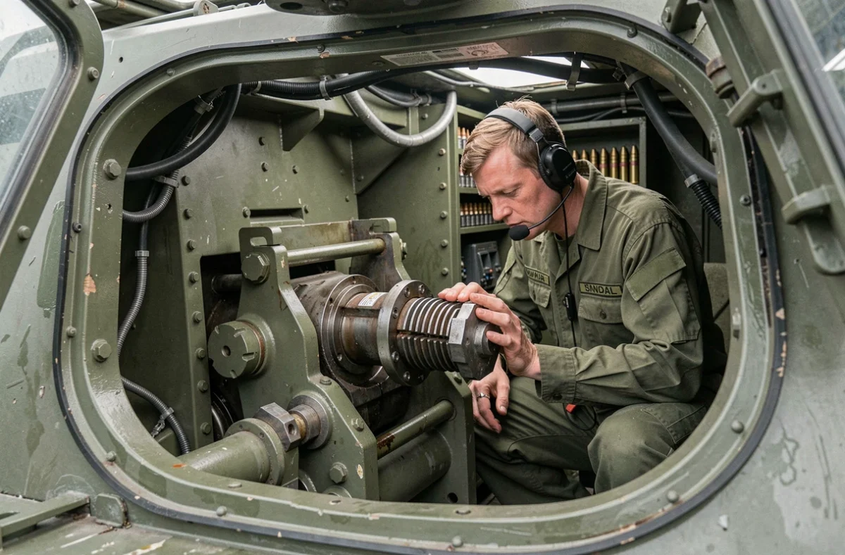 Mécanisme de culasse du canon L30A1 à l'intérieur de la tourelle d'un Challenger 2 avec équipier