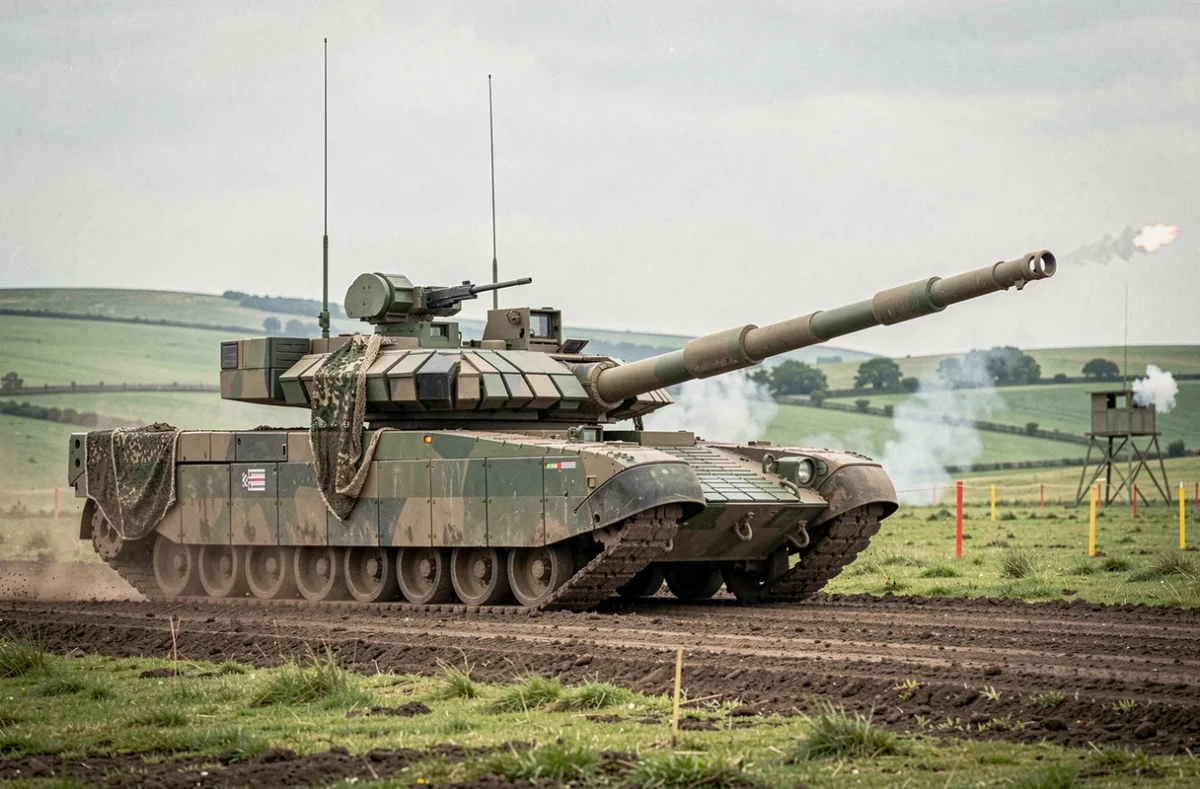 Char Challenger 2 lors d'un exercice de tir réel sur un champ de manœuvres militaire britannique