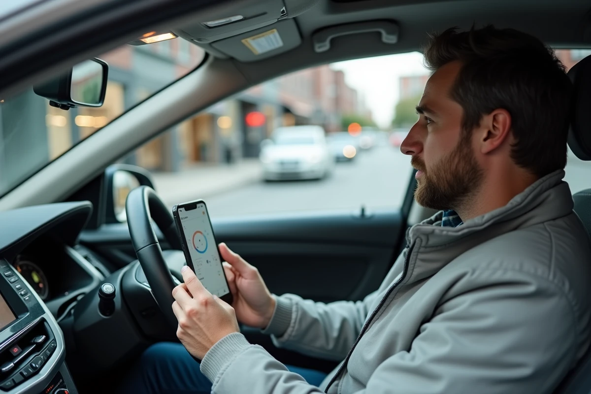 Chauffeur VTC dans son véhicule consultant une application professionnelle lors du processus d'équivalence de licence