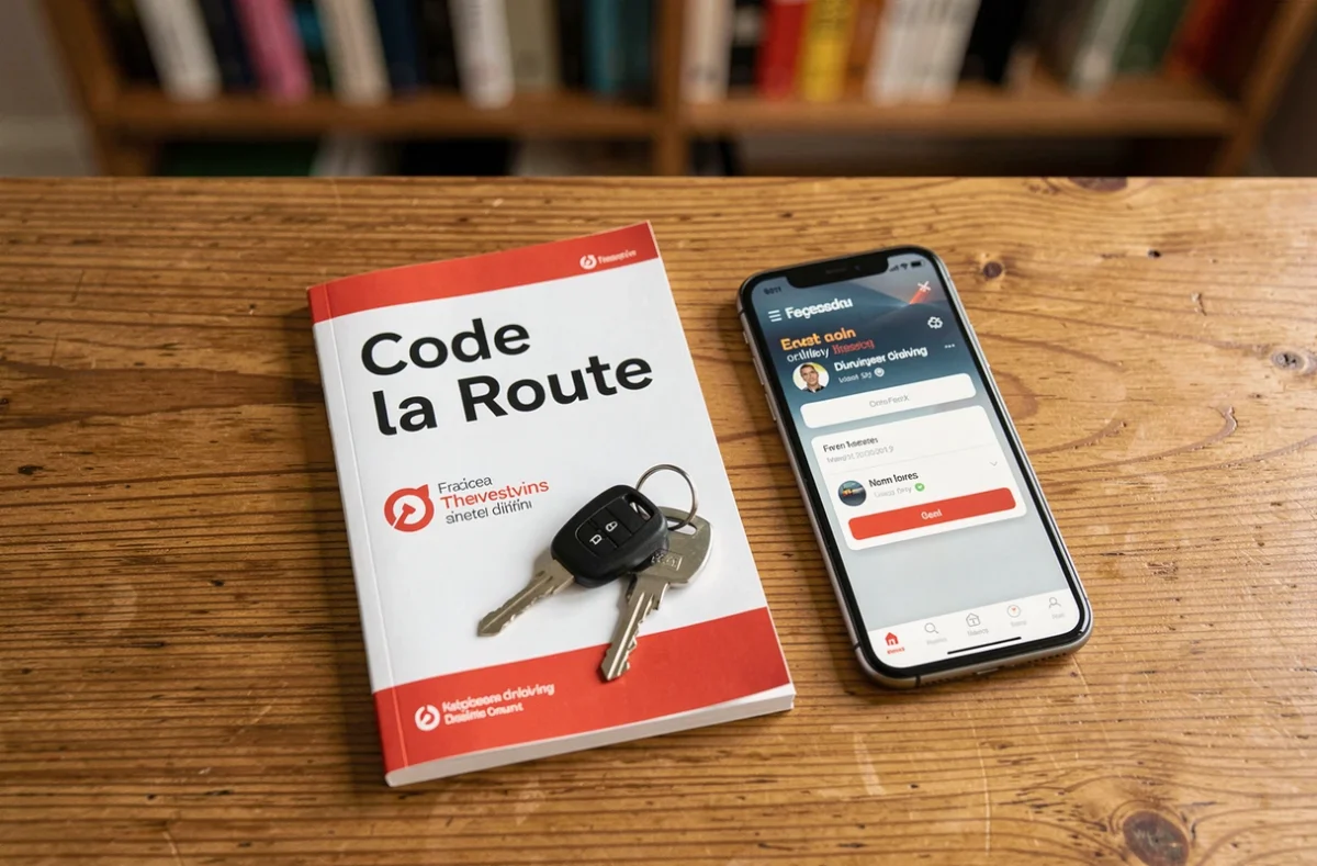 Livret du code de la route, clés de voiture et application de révision sur un bureau en bois, représentant la préparation au permis de conduire