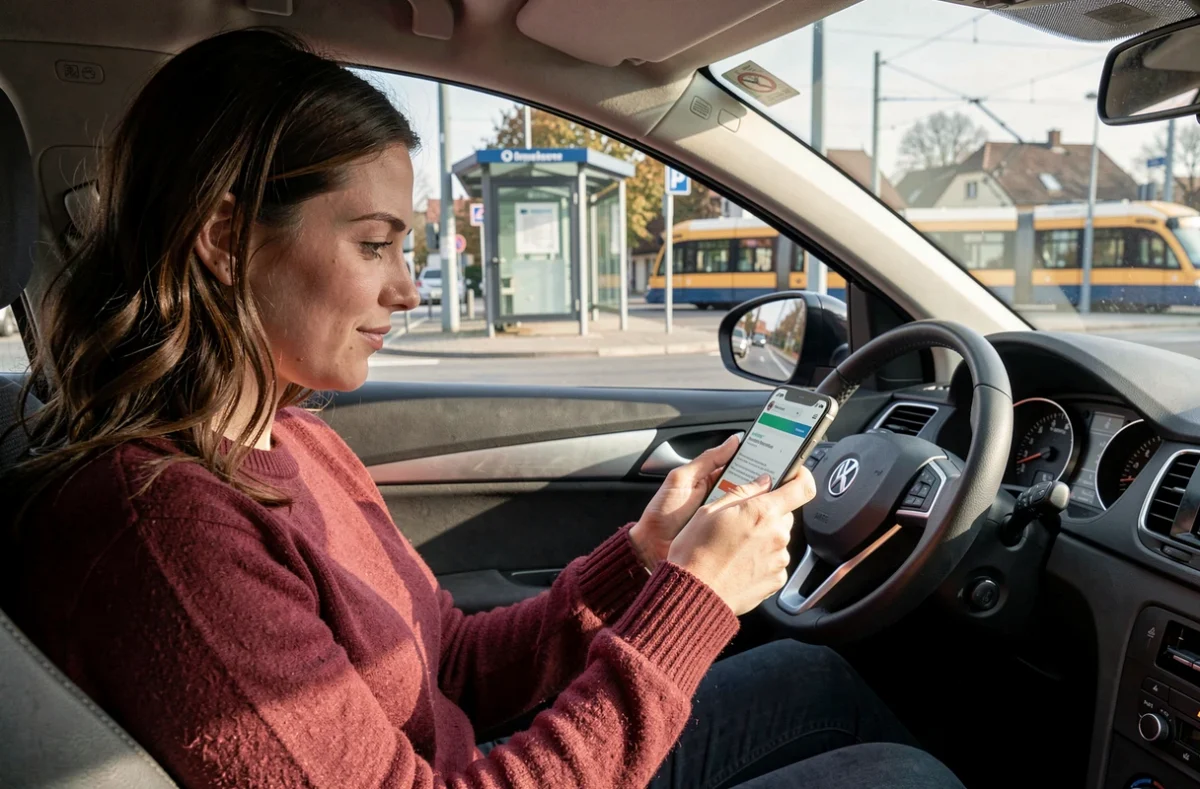 Jeune femme comparant des offres d'assurance auto sur son téléphone depuis sa voiture garée à Strasbourg