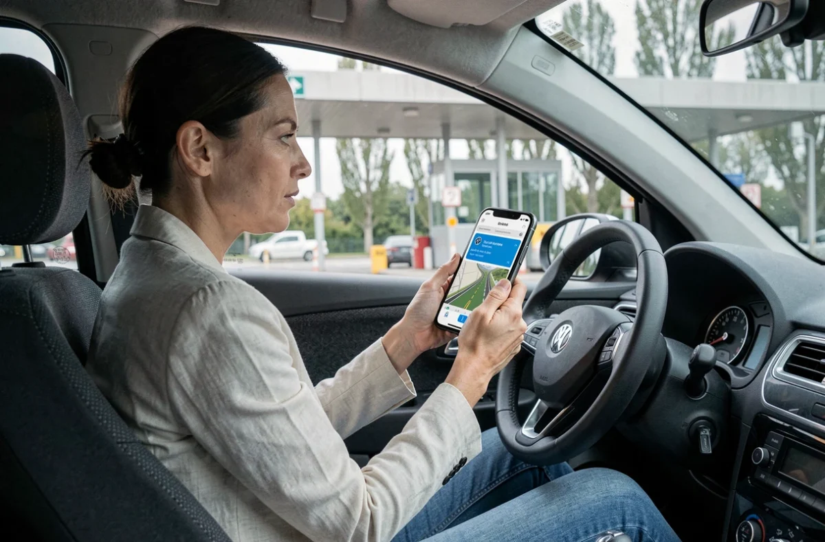 Femme comparant l'autoroute payante et une route gratuite alternative sur une application GPS dans sa voiture