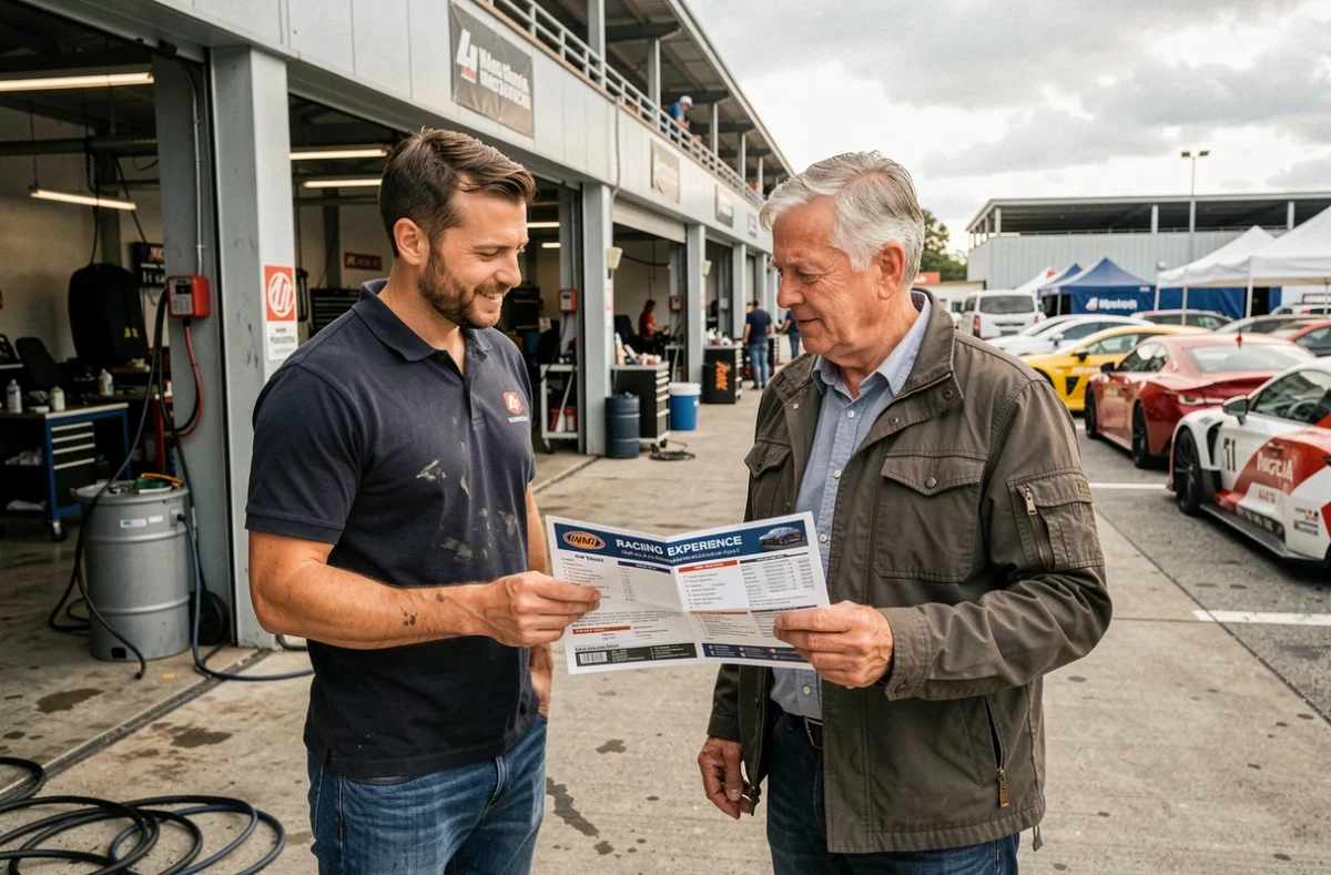 Deux hommes dans le paddock d'un circuit comparant les offres tarifaires d'un stage de pilotage automobile