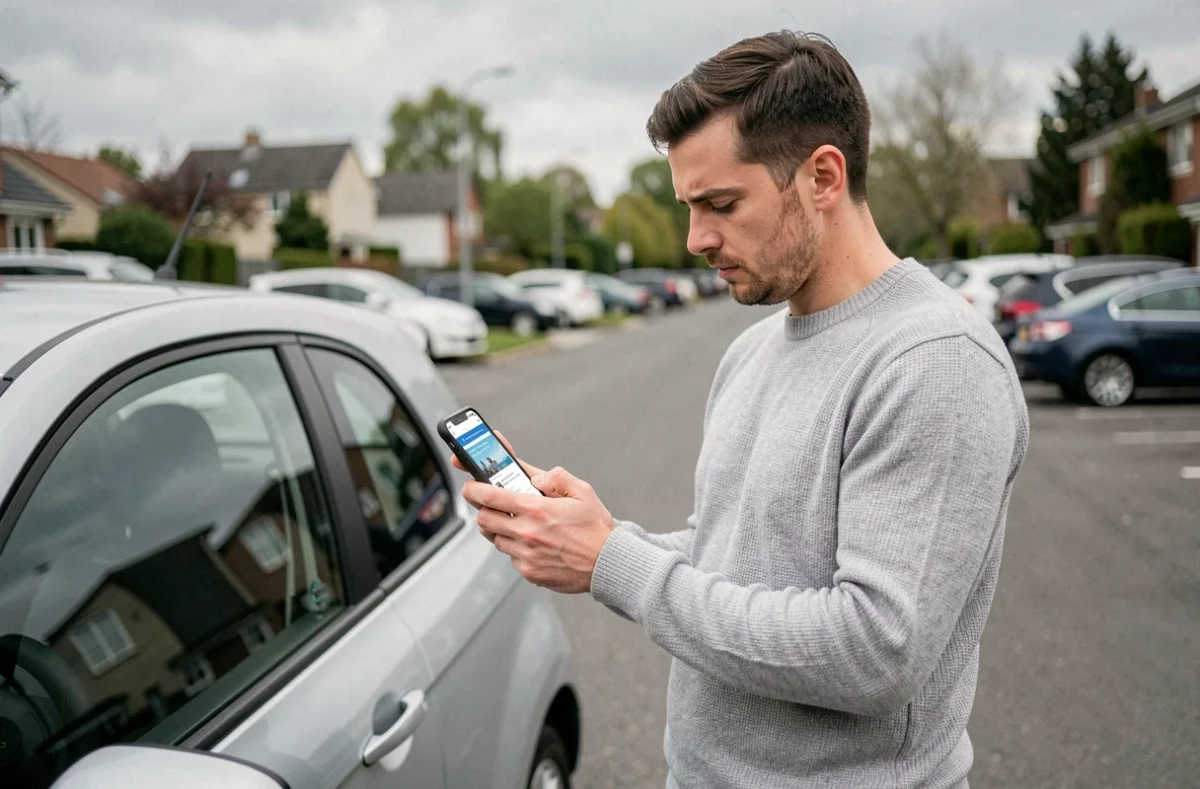 Homme consultant une comparaison de prix d'assurance auto sur smartphone devant sa voiture dans un parking