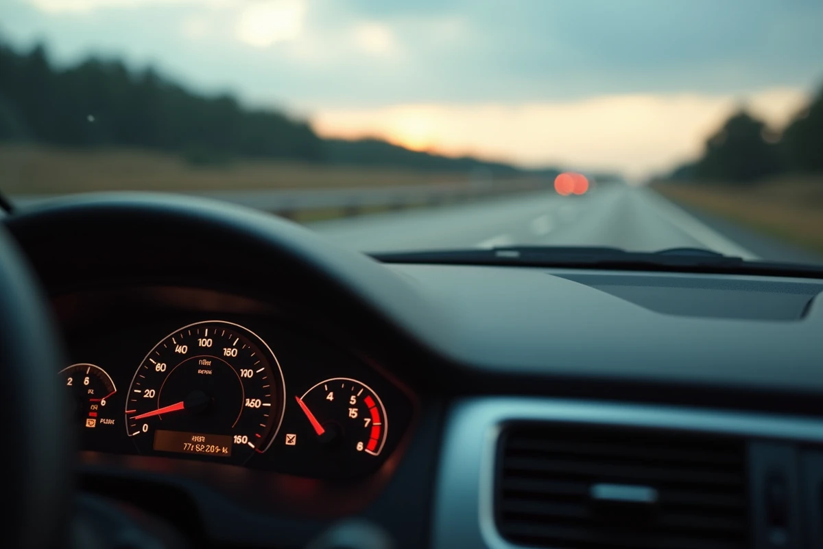 Gros plan sur le compteur de vitesse et la jauge de carburant d'une voiture essence, aiguilles indiquant une vitesse excessive et un niveau de carburant bas, symbole des erreurs de conduite coûteuses