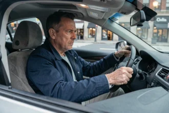 Conducteur au volant d'une voiture en ville, regard préoccupé, illustrant les risques de l'alcool au volant