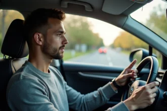 Conducteur consultant une application de calcul de coût de trajet en voiture sur son smartphone monté au tableau de bord
