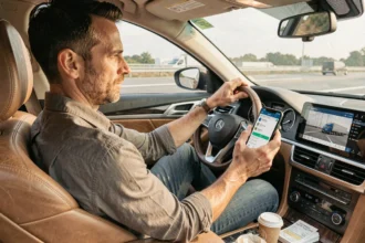 Conducteur grande distance consultant une application de fret sur son téléphone dans son véhicule