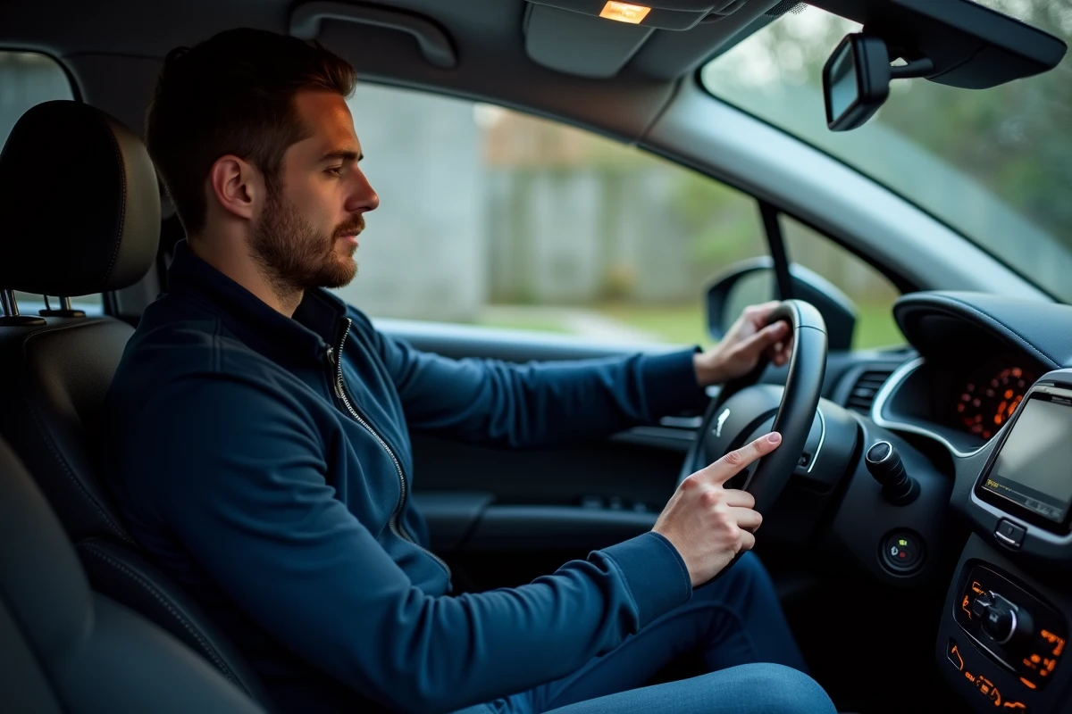 Conducteur Peugeot 208 personnalisant l'affichage du tableau de bord depuis le volant