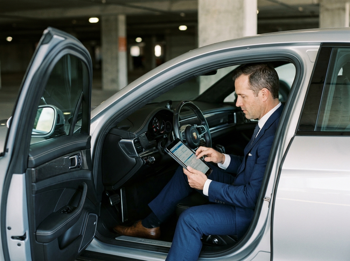 Homme en costume consultant des documents d'assurance dans une Porsche Panamera argentée