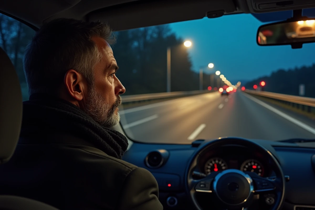 Homme au volant d'une voiture sur la route de Thonon la nuit