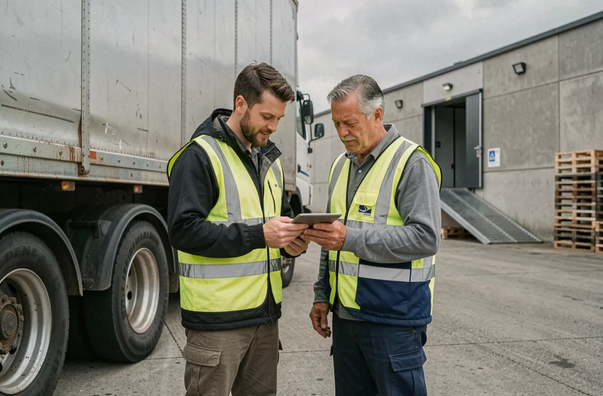 Deux conducteurs professionnels consultant un tableau de bord logistique devant un camion de fret