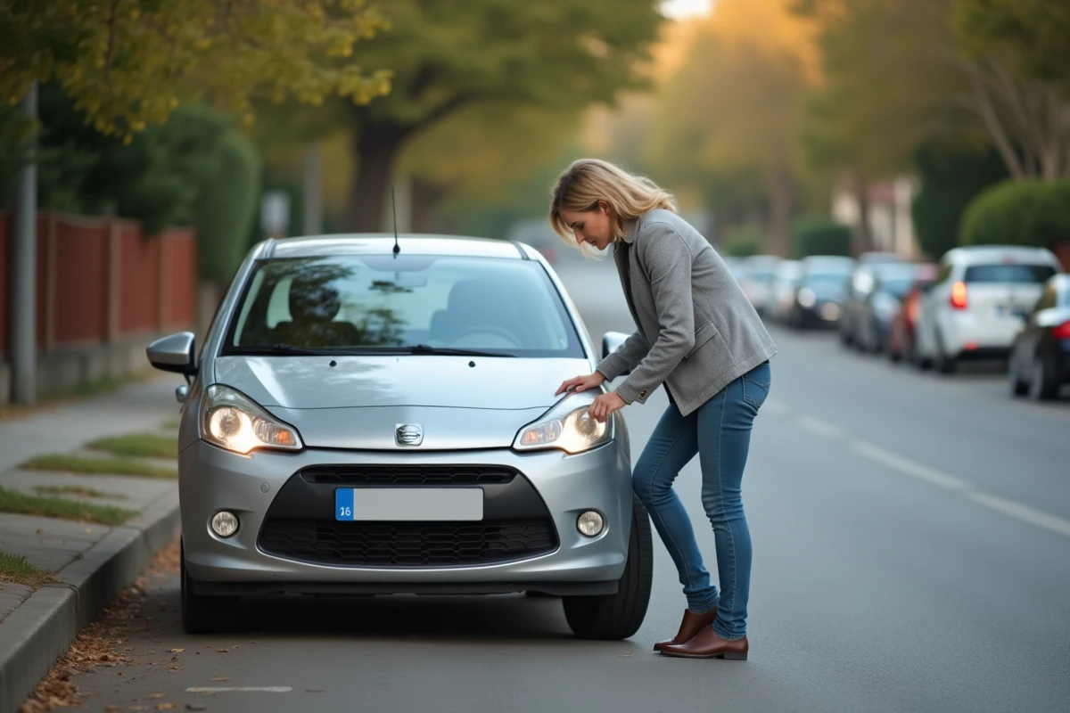 Conductrice inquiète examinant son pneu avant abîmé au bord de la route après avoir ressenti des vibrations au volant
