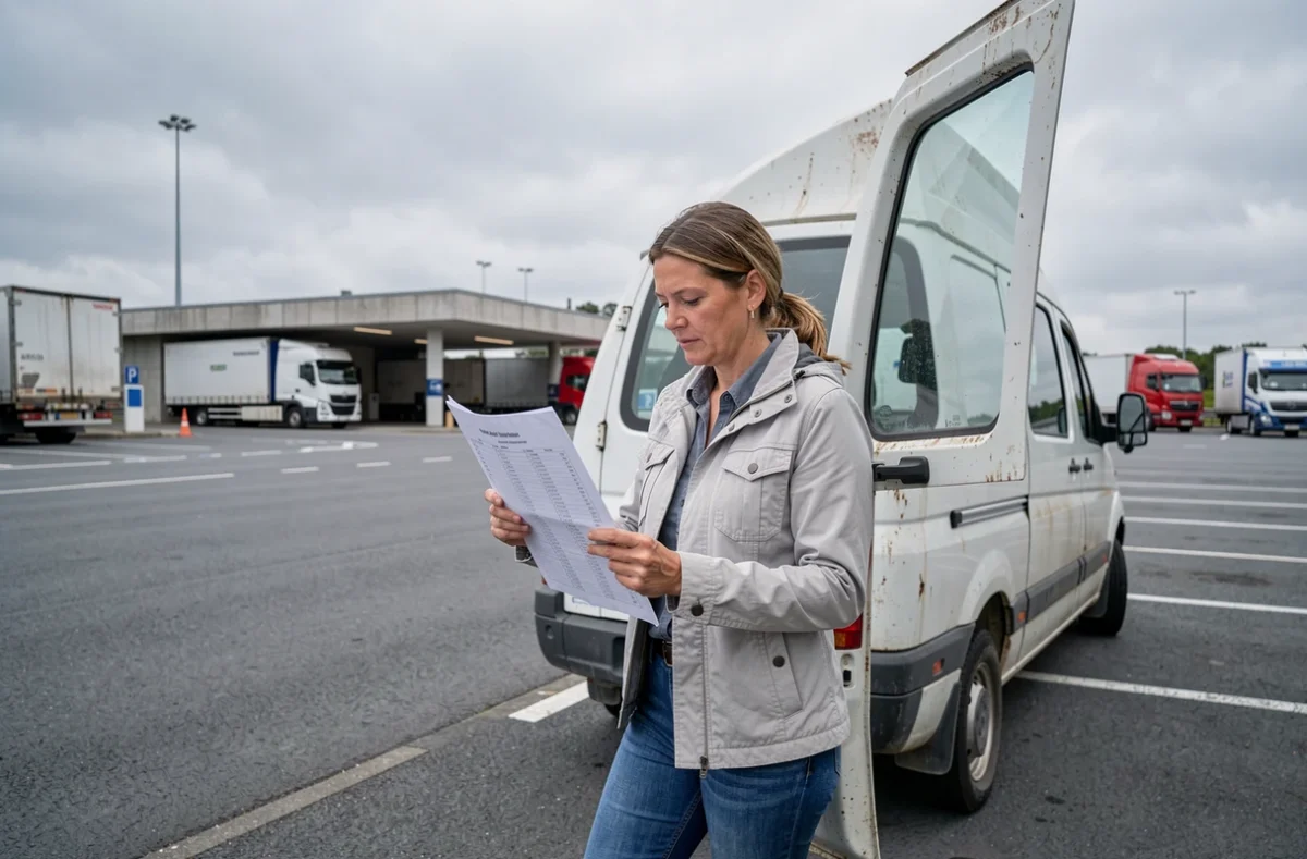 Conductrice professionnelle étudiant un itinéraire de livraison à une aire de repos autoroutière