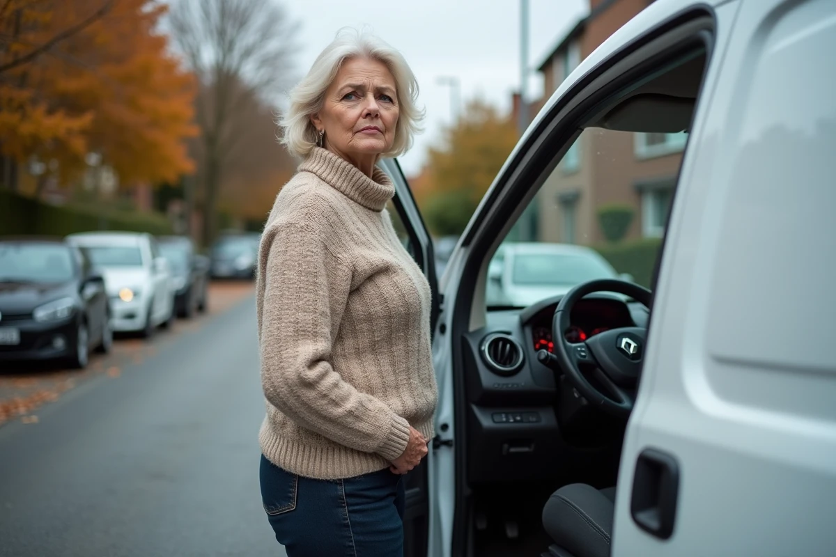 Femme inquiète consultant le kilométrage élevé de sa Renault Kangoo 1.5 dCi