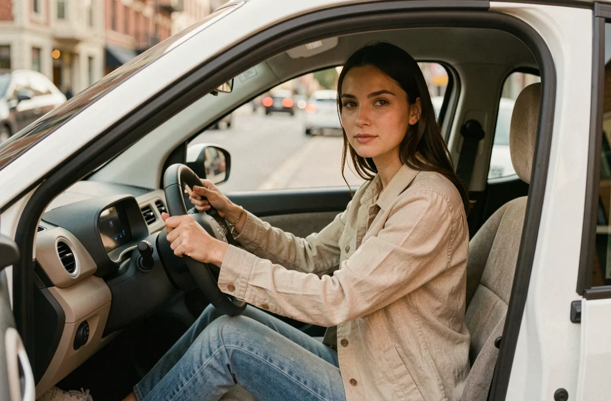 Jeune femme au volant d'une voiturette électrique sans permis