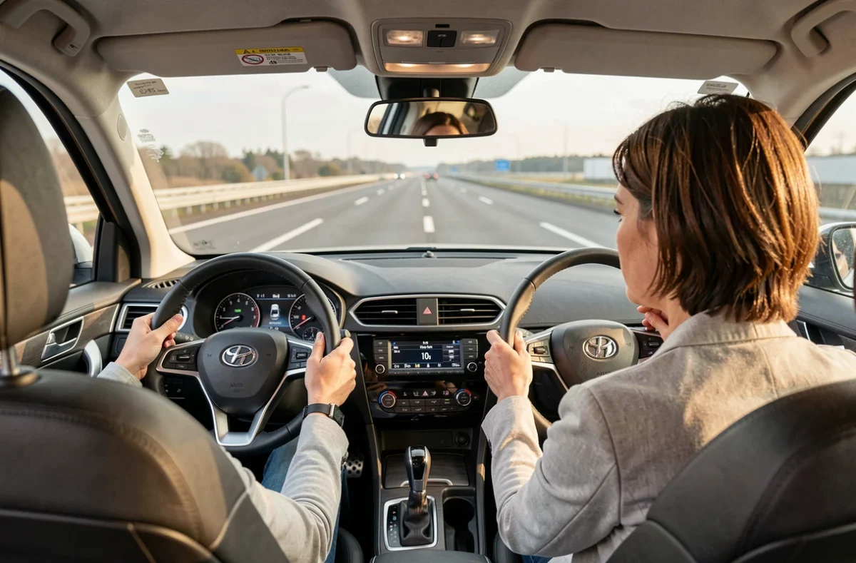 Conductrice inquiète tenant un volant dévié vers la gauche sur une route droite, signe d'un problème d'alignement
