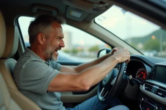 Conducteur adoptant une conduite agressive au volant d'une berline, pied sur l'accélérateur, illustration des mauvaises habitudes qui augmentent la consommation d'essence