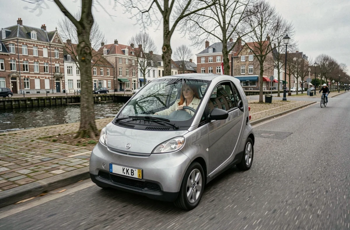 Femme conduisant une voiture sans permis le long des quais de la Loire à Nantes en hiver
