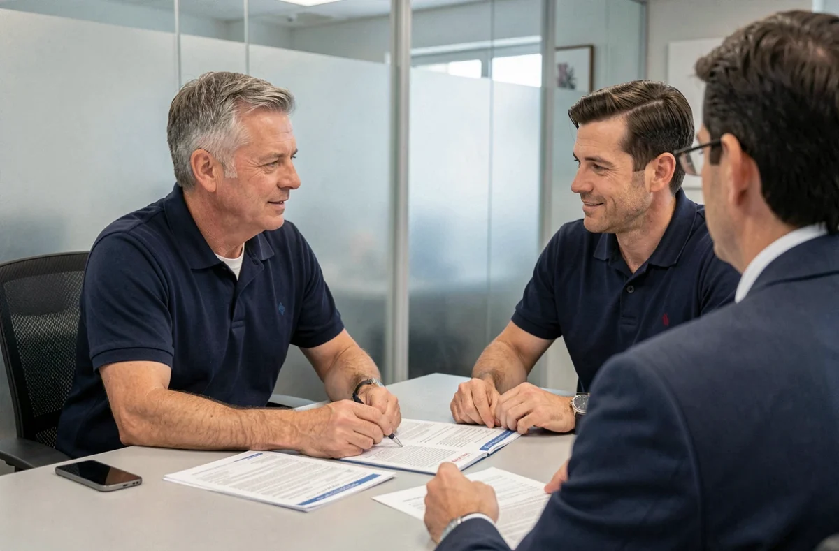 Homme discutant de son contrat d'assurance voiture avec un conseiller en agence