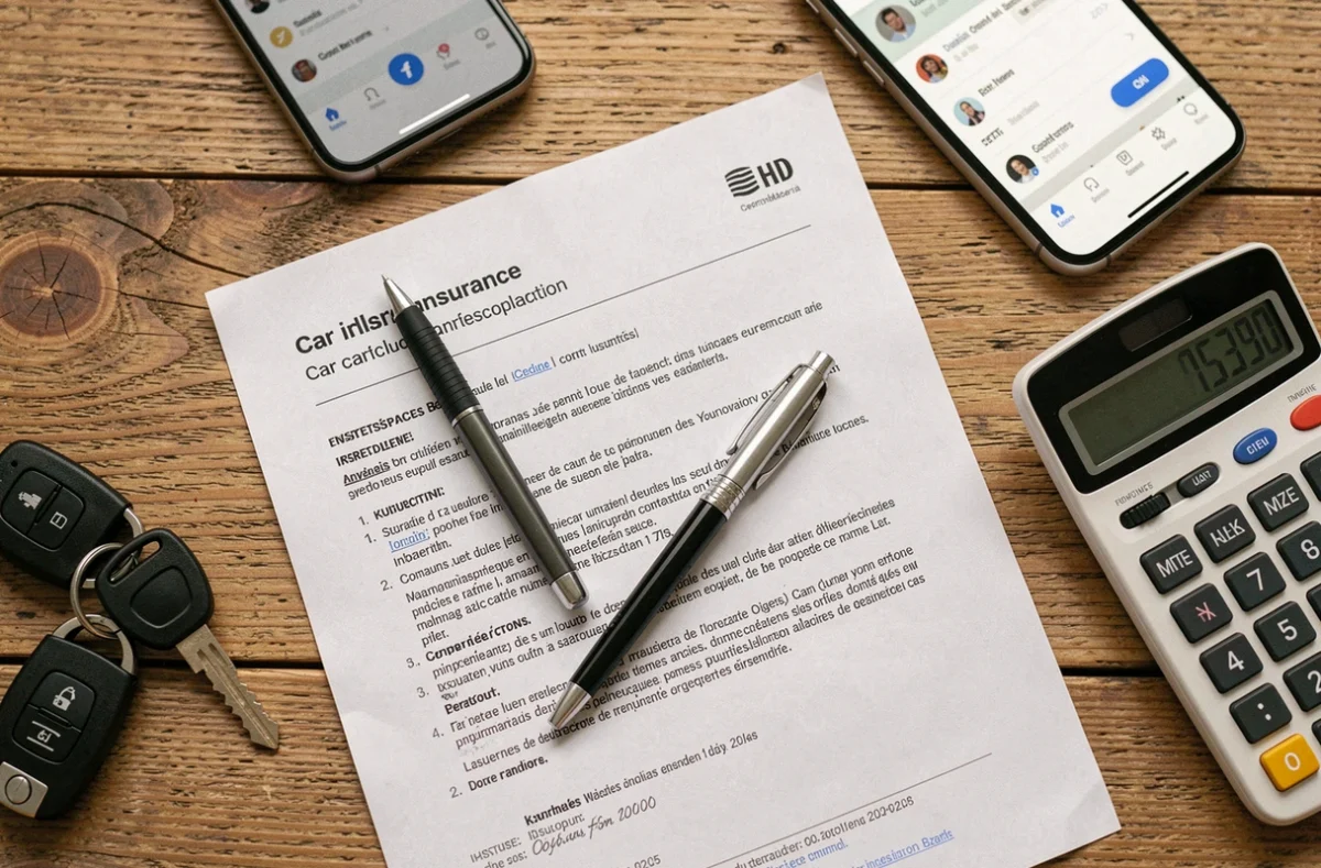 Vue de dessus d'un contrat d'assurance auto avec des clés de voiture, une calculatrice et un stylo sur une table en bois