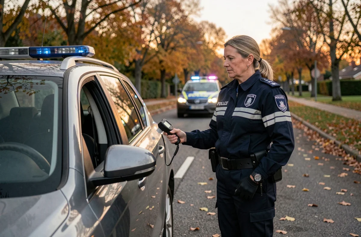 Policière faisant souffler un conducteur dans un éthylotest au bord d'une route en France, contrôle d'alcoolémie