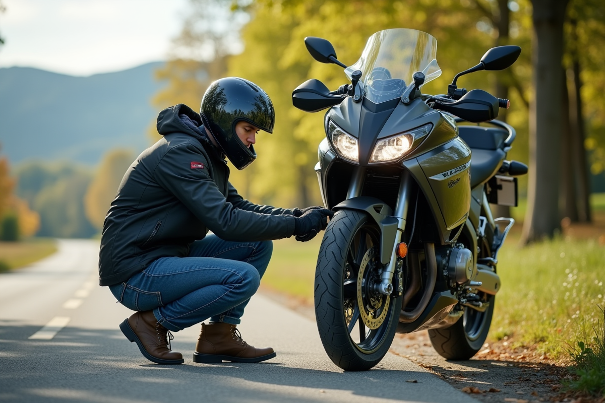 Homme vérifiant la pression des pneus de sa moto en campagne